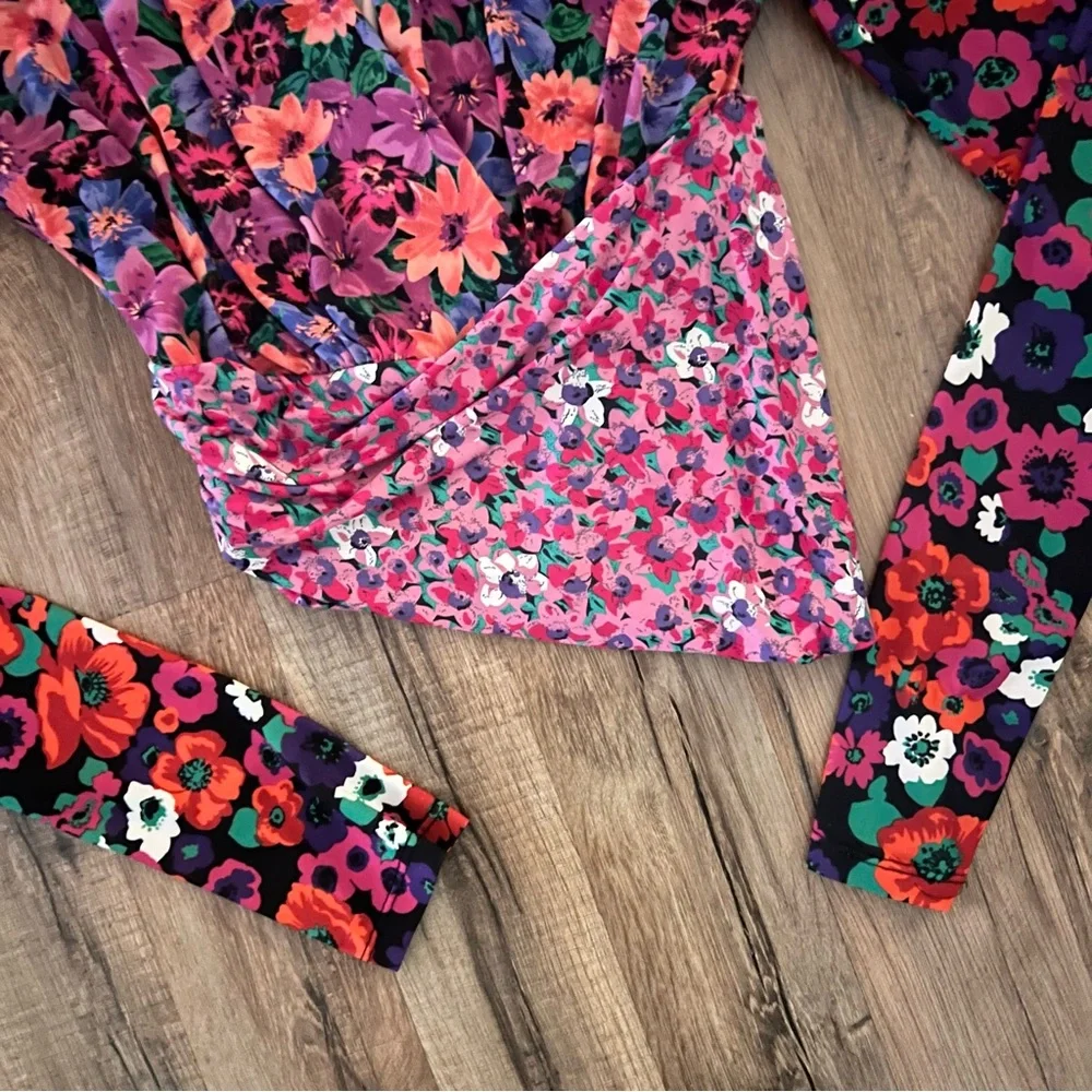 ZARA Floral Wrap Long Sleeve Shoulder Pad Top - Picture 11 of 15